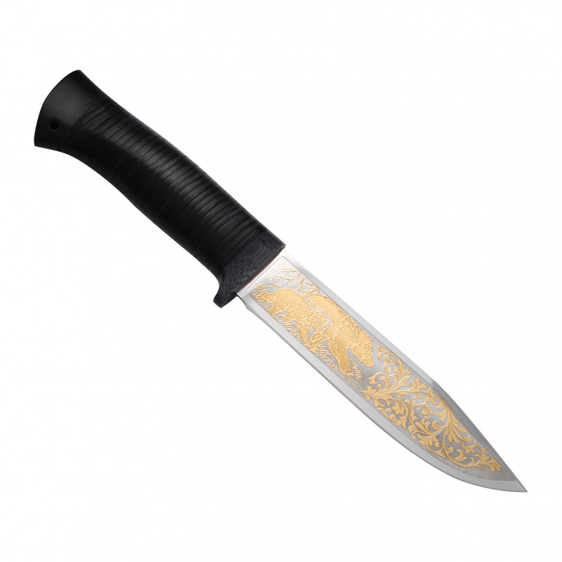 Нож Росоружие Баджер 2 позолота кожа 95х18 гравировка - фото 1