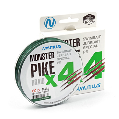 Шнур Nautilus Monster Pike Braid X4 Dark Green d-0.38 31.7кг 70lb 150м Com - фото 1