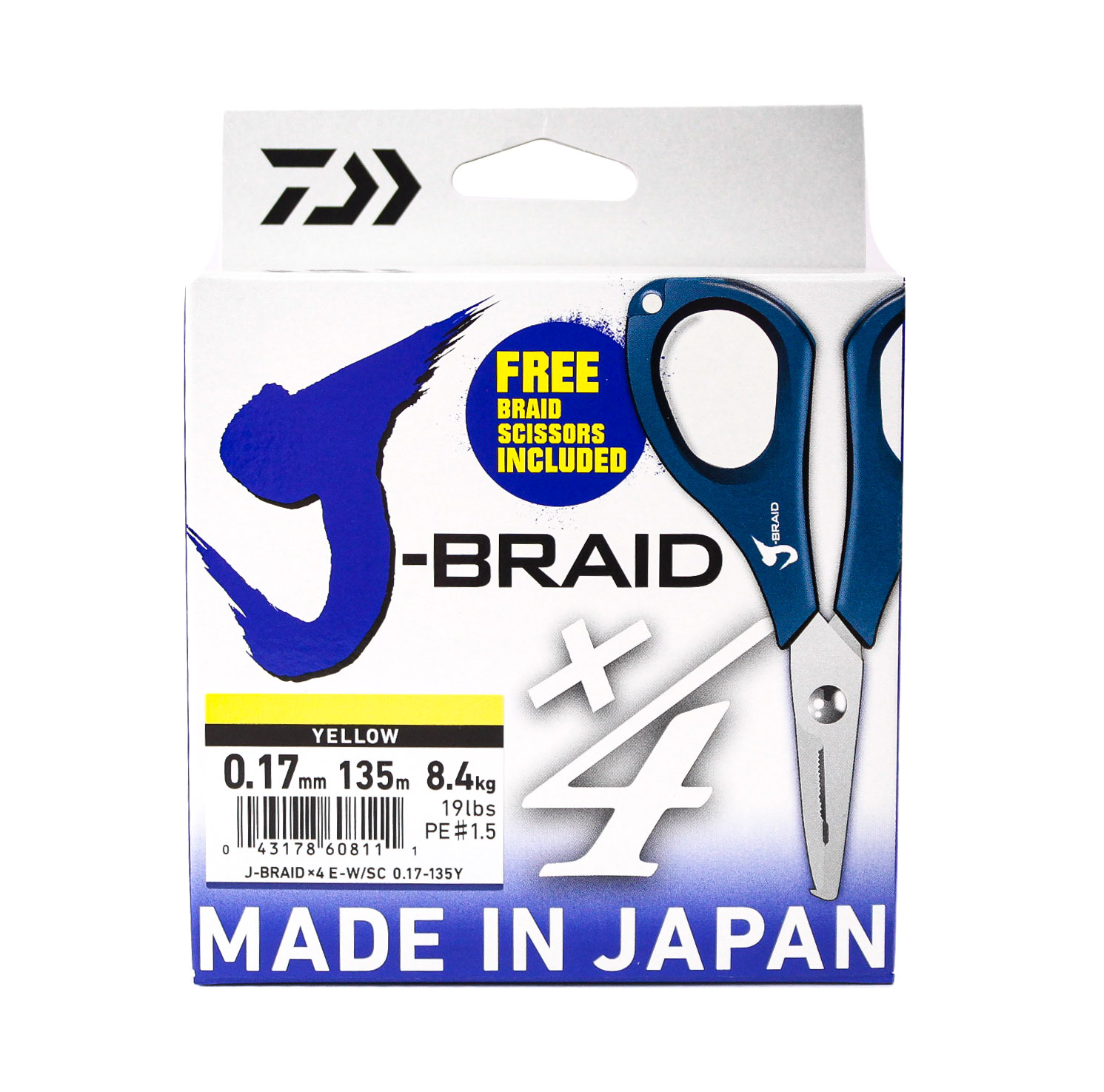 Шнур Daiwa J-Braid X4E-W/SC 0,17мм 135м желтый + ножницы - фото 1