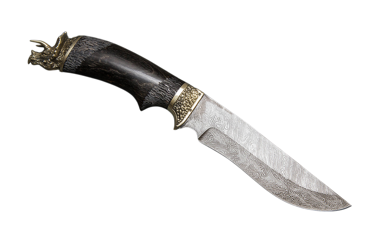 Нож ИП СЕМИНА Галеон дамасская сталь литье динозавр стаб.карел бер. гравировка - фото 1