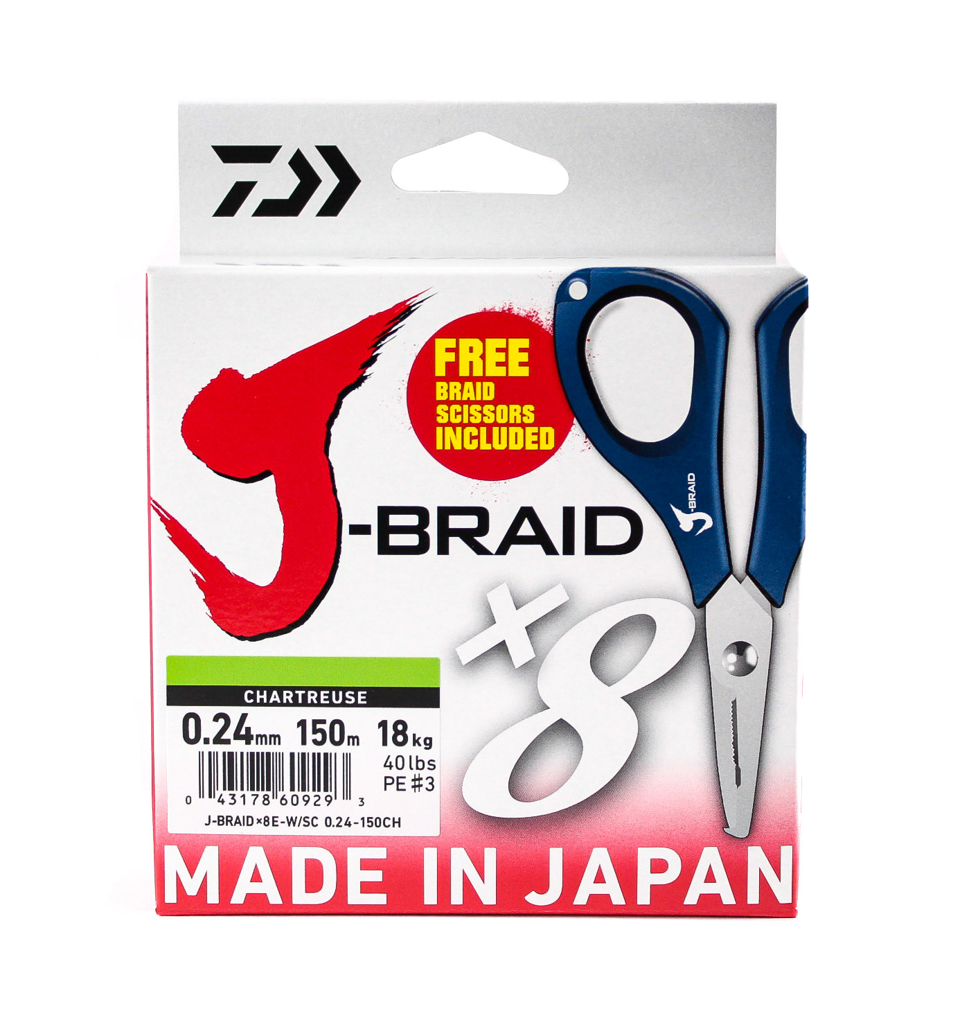 Шнур Daiwa J-Braid X8E-W/SC 0,24мм 150м chartreuse + ножницы - фото 1