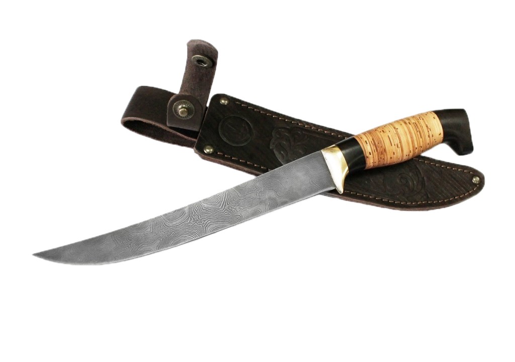 Нож ИП Семин Филейный дамасская сталь большой литье береста граб - фото 1
