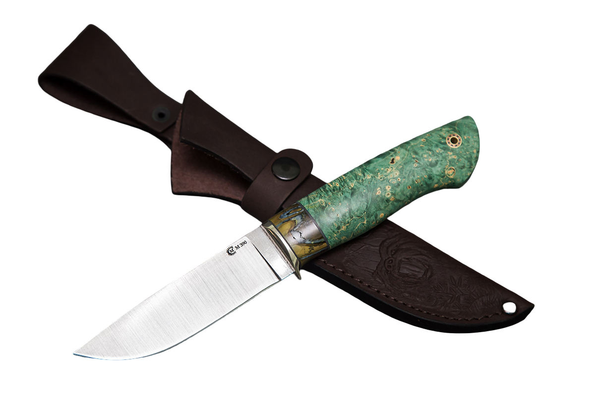 Нож ИП СЕМИНА Егерь сталь М390 мельхиор зуб мамонта стаб.кап.клена - фото 1