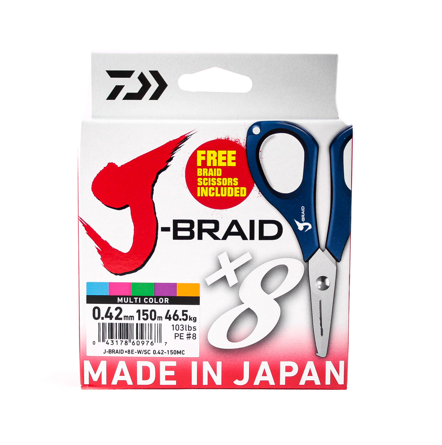 Шнур Daiwa J-Braid X8E-W/SC 0,42мм 150м multicolor + ножницы - фото 1