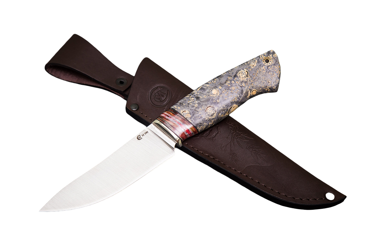 Нож ИП СЕМИНА Кайман ст.М390 мельхиор зуб мамонта стаб.кап.клена - фото 1