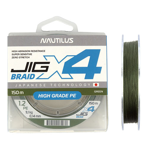 Шнур Nautilus X4 Jig Braid Green d-0.26мм 22.6кг 4,0PE 150м Com - фото 1