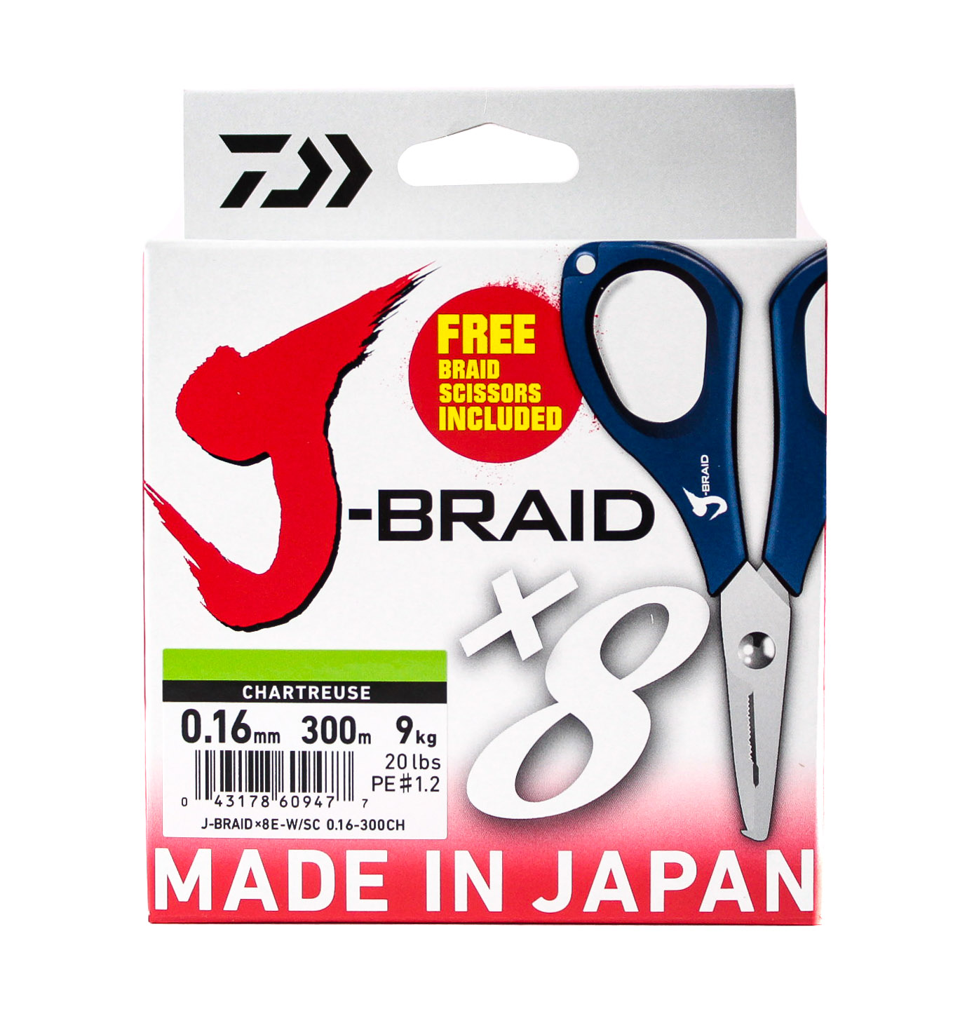 Шнур Daiwa J-Braid X8E-W/SC 0,16мм 300м chartreuse + ножницы - фото 1