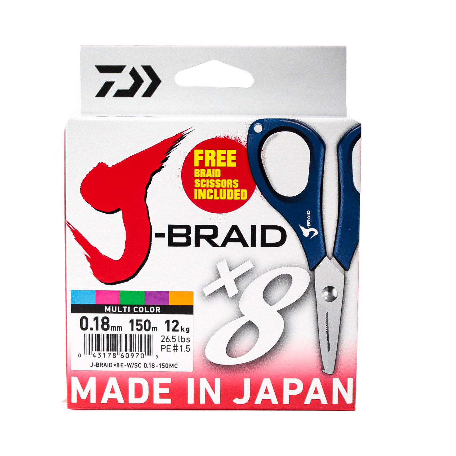 Шнур Daiwa J-Braid X8E-W/SC 0,18мм 150м multicolor + ножницы