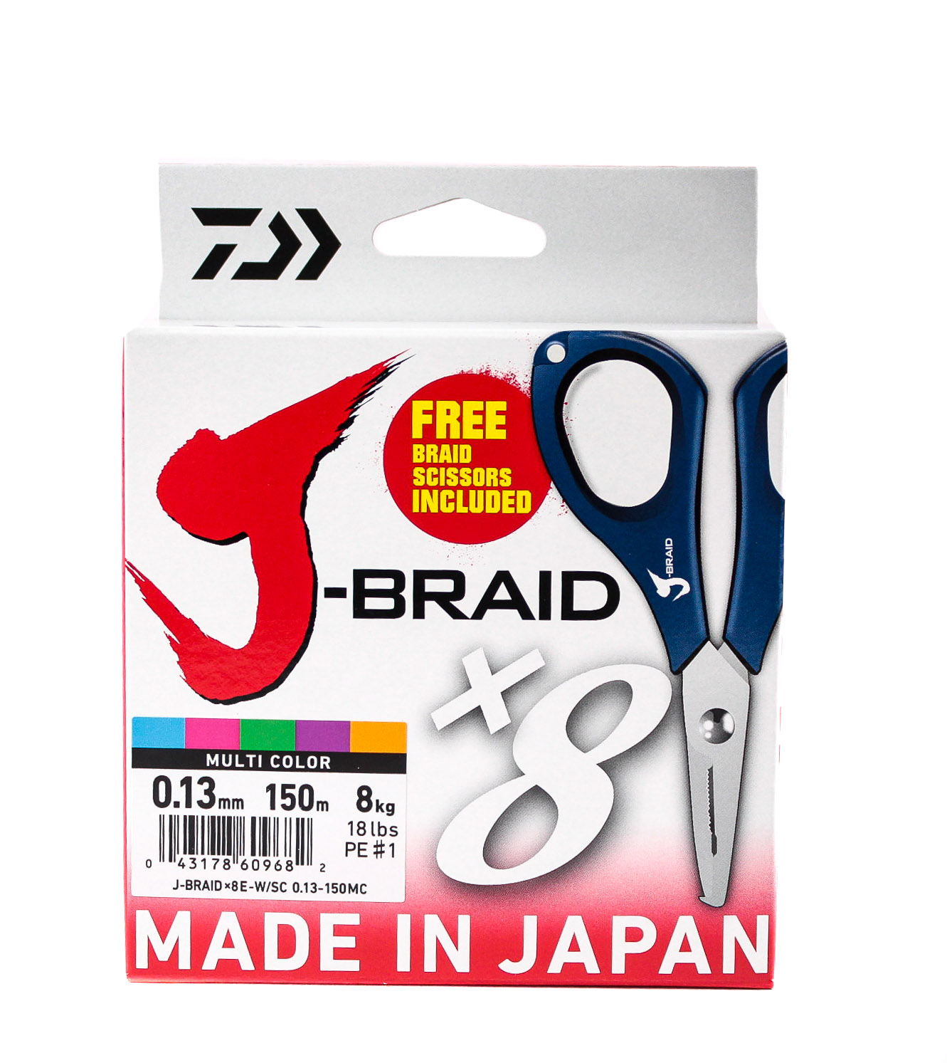 Шнур Daiwa J-Braid X8E-W/SC 0,13мм 150м multicolor + ножницы - фото 1