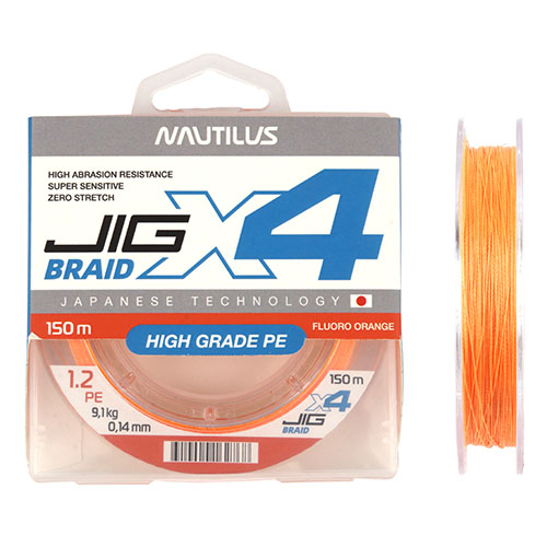 Шнур Nautilus X4 Jig Braid Fluoro Orange d-0.18мм 13.2кг 2,0PE 150м - фото 1