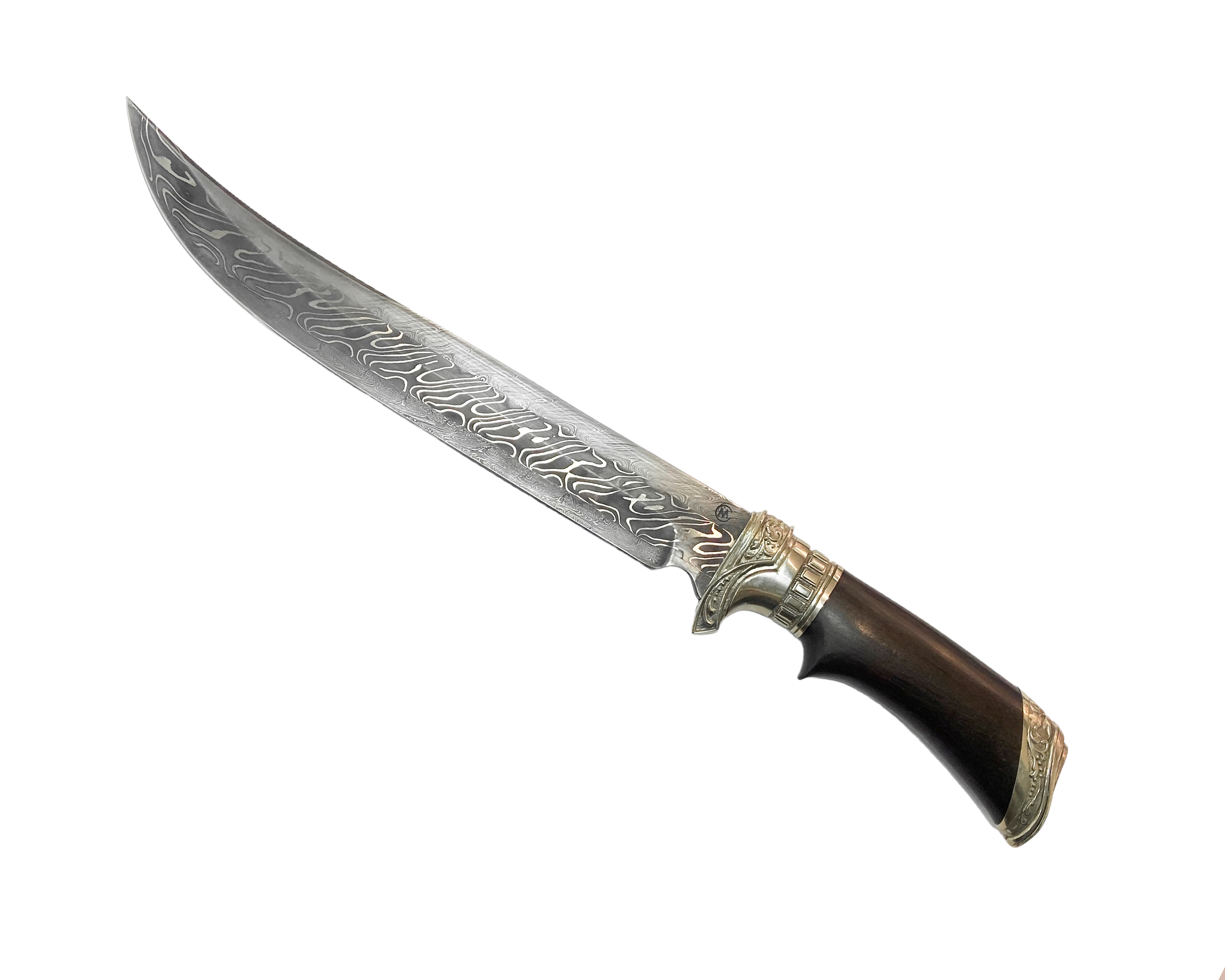 Нож ИП Семин Шайтан дамасская сталь торц литье ценные породы деревянные ножны
