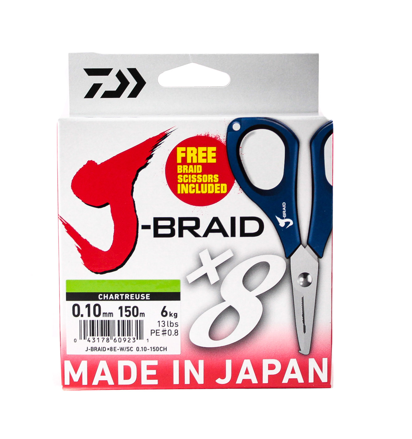 Шнур Daiwa J-Braid X8E-W/SC 0,10мм 150м chartreuse + ножницы - фото 1