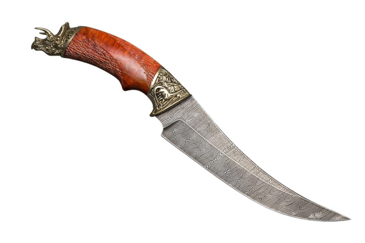 Нож ИП СЕМИНА Корсар дамасская сталь литье динозавр стаб.карел.бер. гравировка - фото 1