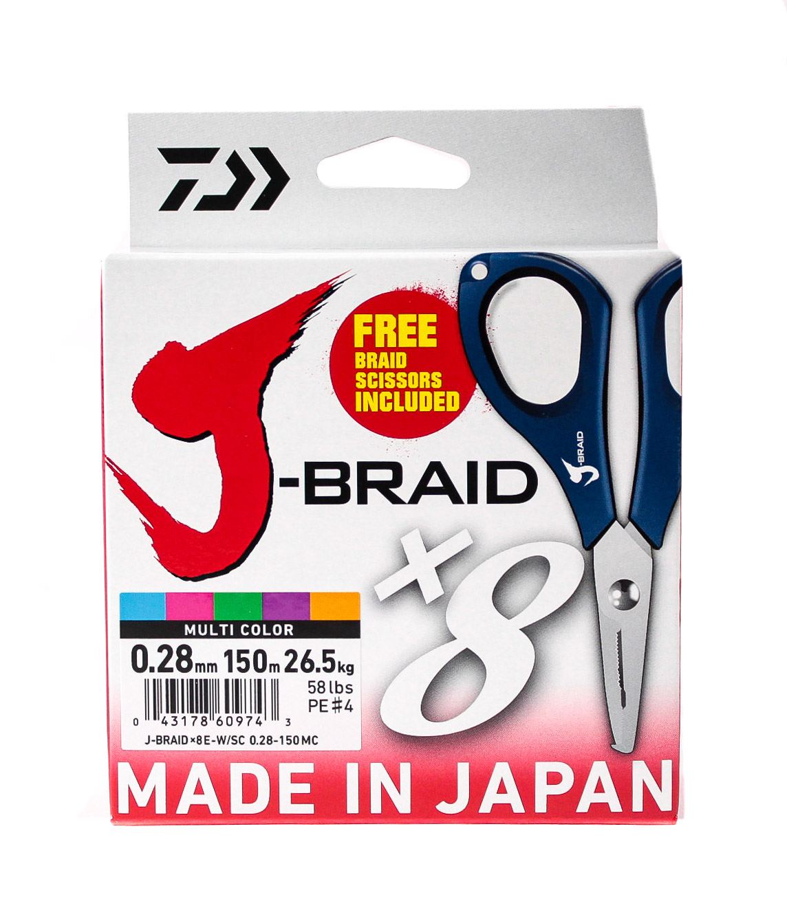 Шнур Daiwa J-Braid X8E-W/SC 0,28мм 150м multicolor + ножницы - фото 1