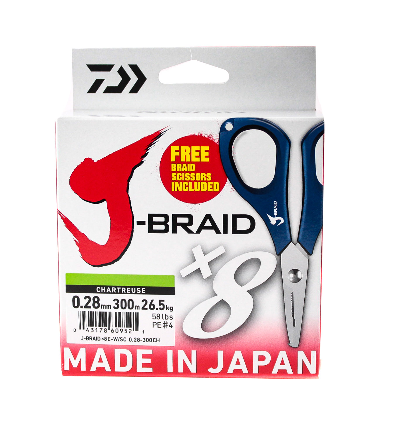 Шнур Daiwa J-Braid X8E-W/SC 0,28мм 300м chartreuse + ножницы - фото 1