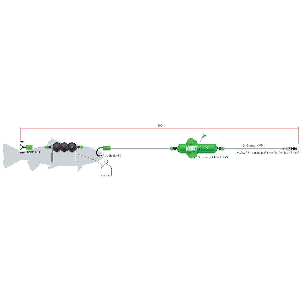 Оснастка DAM Madcat Screaming Profi River Rig Deadbait 180см 1.00мм 3/0+10/0 60г - фото 1