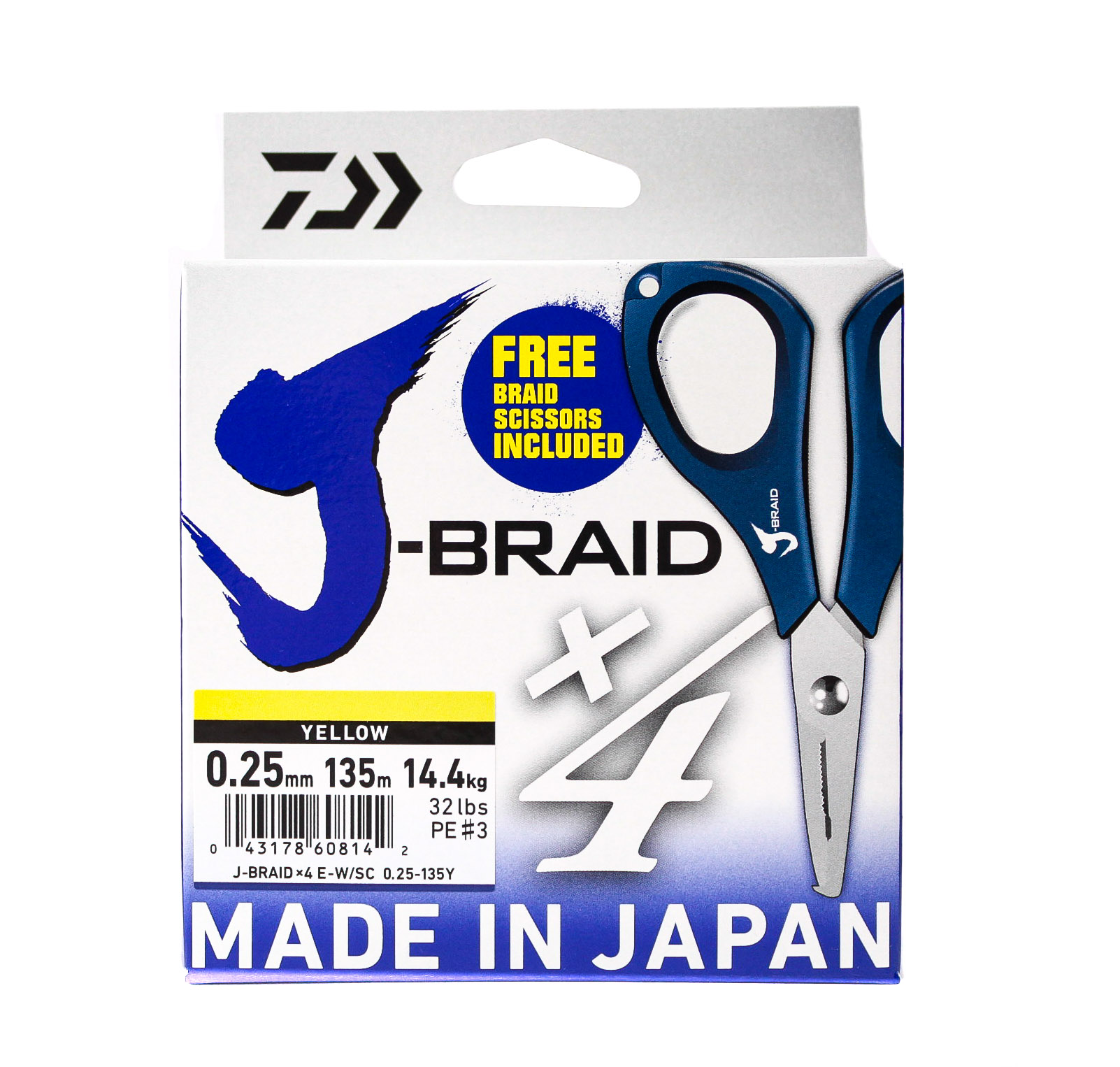 Шнур Daiwa J-Braid X4E-W/SC 0,25мм 135м желтый + ножницы - фото 1