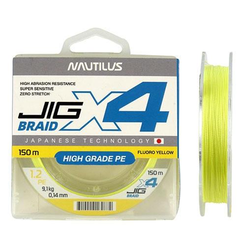 Шнур Nautilus X4 Jig Braid Fluoro Yellow d-0.26мм 22.6кг 4,0PE 150м - фото 1