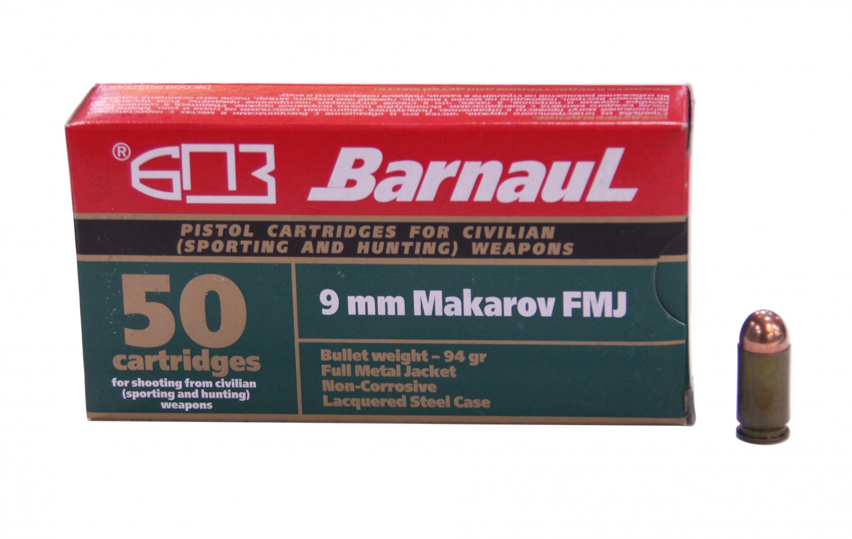 МП Патрон БПЗ Barnaul 9x18 Makarov пуля FMJ 6,1 г гильза лакированная - фото 1