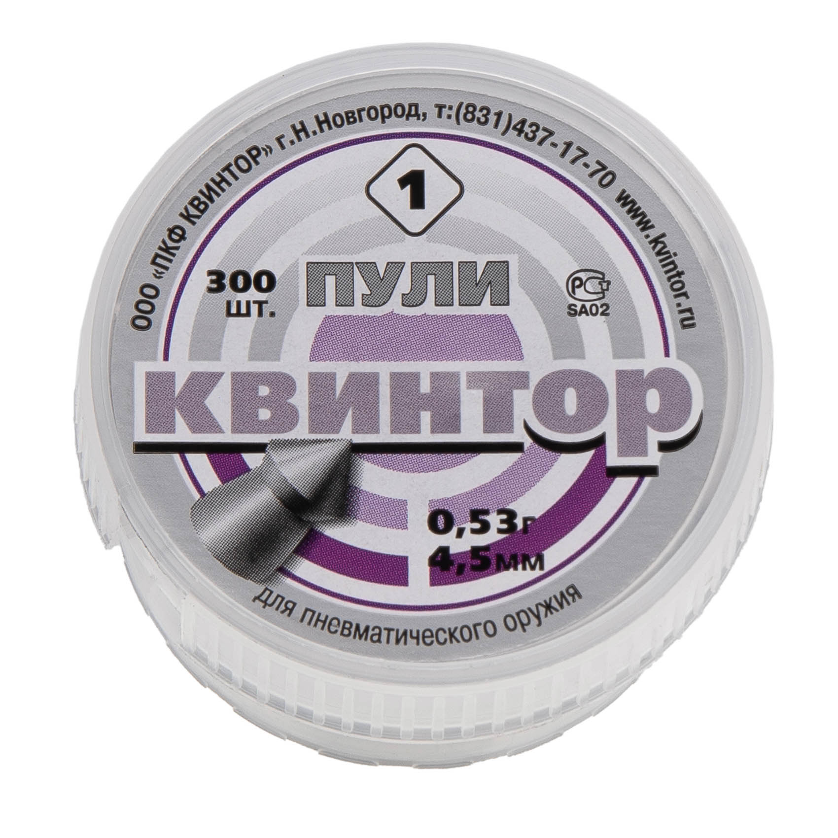 МП Квинтор (1) острая головка пуля пневм. к.4.5мм 0.5г. (300шт/бан) - фото 1