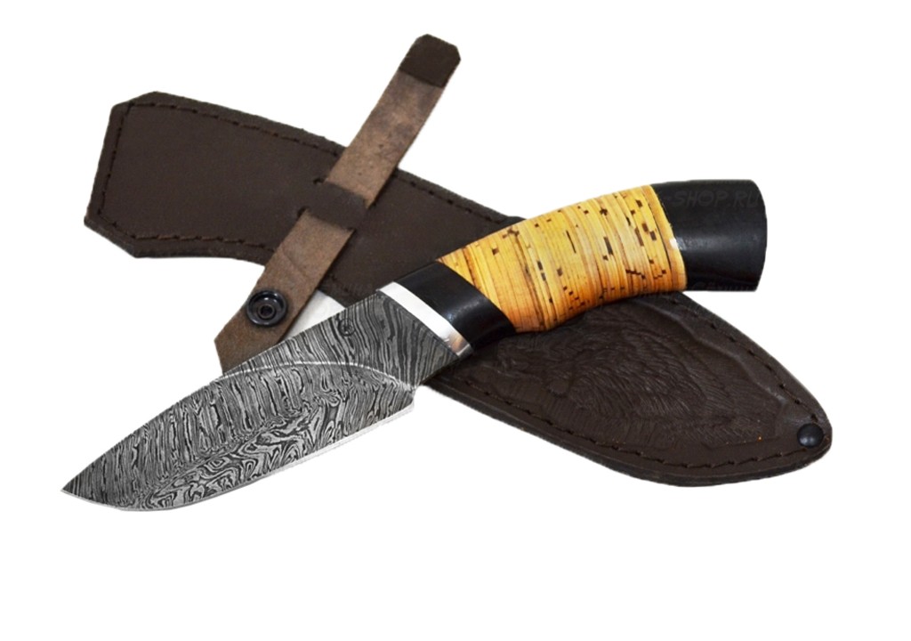 Нож ИП Семин Разделочный дамасская сталь береста черное дерево - фото 1