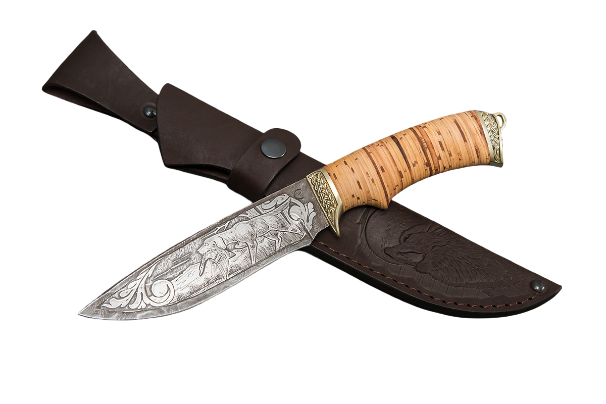 Нож ИП СЕМИНА Близнец дамасская сталь береста литье гравировка - фото 1