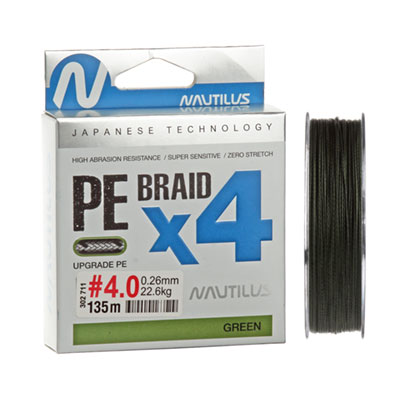 Шнур Nautilus Braid X4 Green d-0.18 13.2кг 2.0PE 135м Com - фото 1
