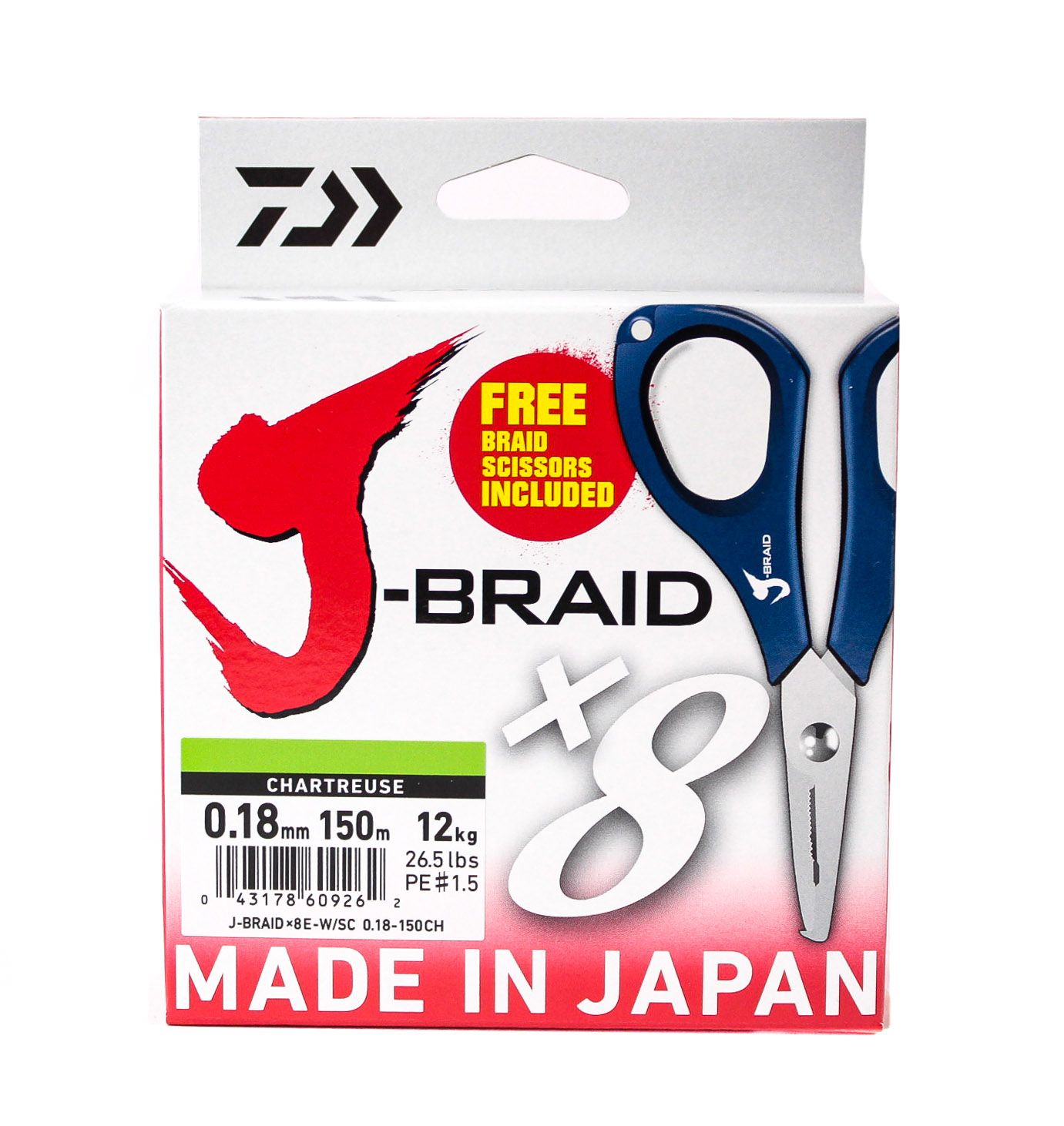 Шнур Daiwa J-Braid X8E-W/SC 0,18мм 150м chartreuse + ножницы - фото 1