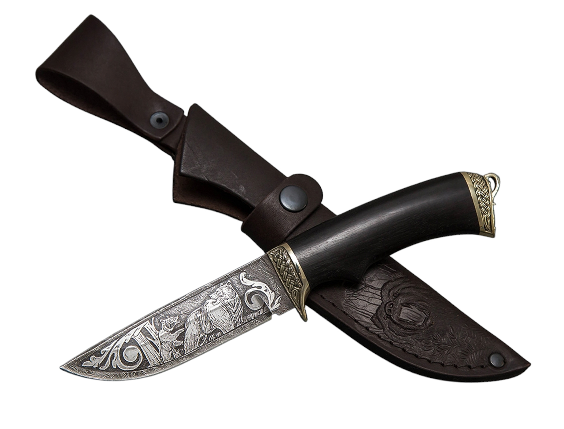 Нож ИП СЕМИНА Егерь дамасская сталь литье черное дерево гравировка - фото 1