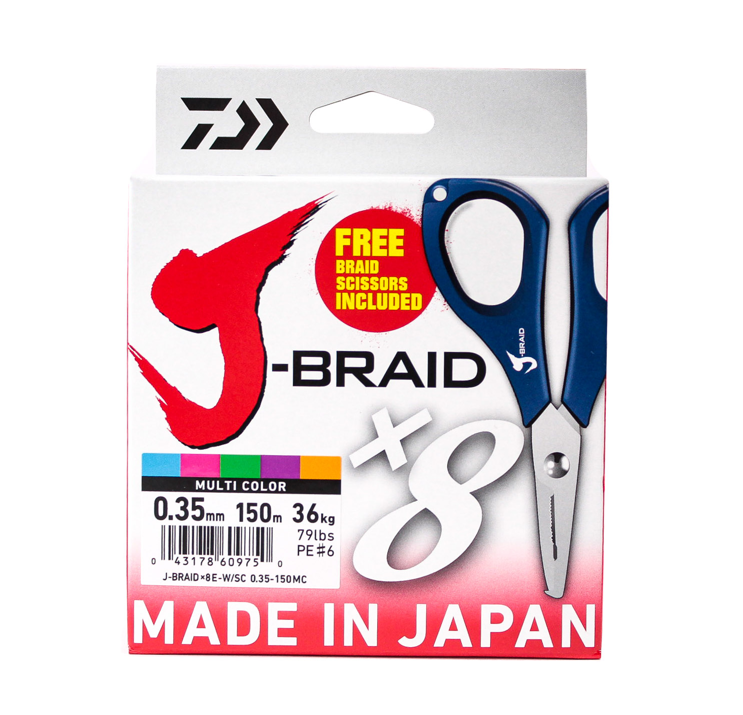 Шнур Daiwa J-Braid X8E-W/SC 0,35мм 150м multicolor + ножницы - фото 1