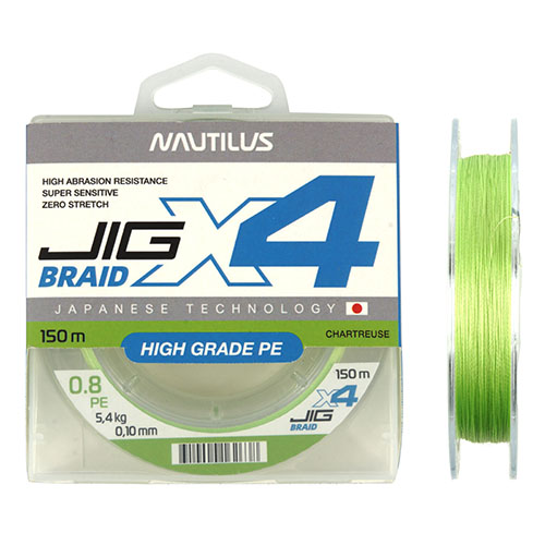 Шнур Nautilus X4 Jig Braid Chartreuse d-0.16мм 10.8кг 1,5PE 150м Com - фото 1