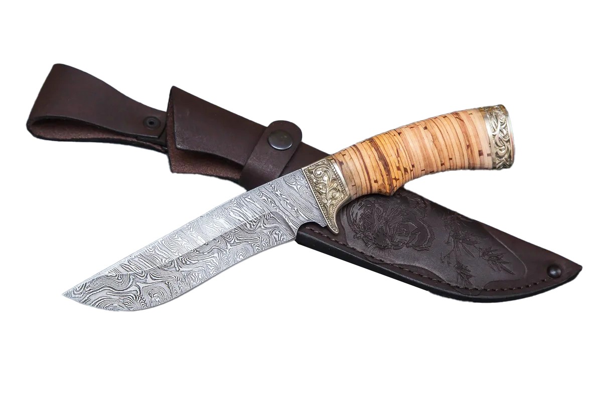 Нож ИП Семин Галеон дамасская сталь береста литье береста - фото 1