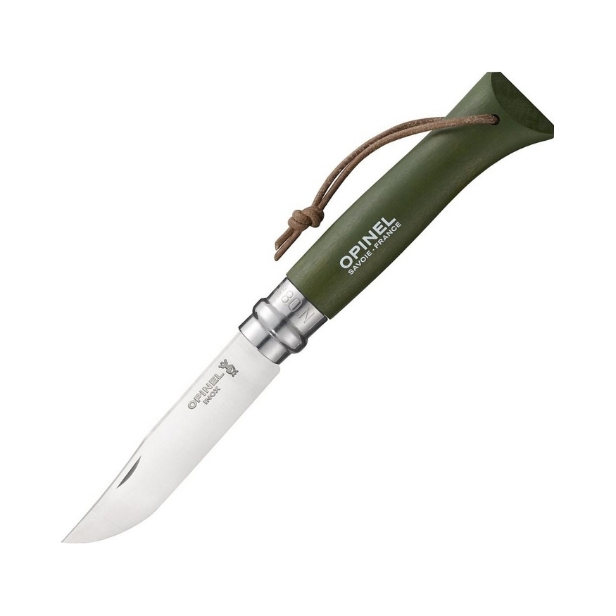 Нож Opinel №8 Trekking нерж ст кожаный темляк хаки 001703 - фото 1