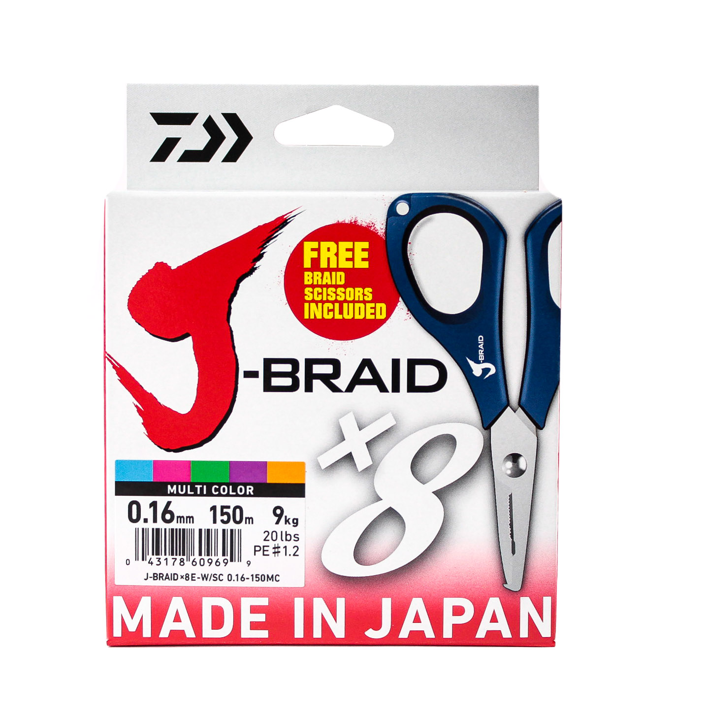 Шнур Daiwa J-Braid X8E-W/SC 0,16мм 150м multicolor + ножницы - фото 1