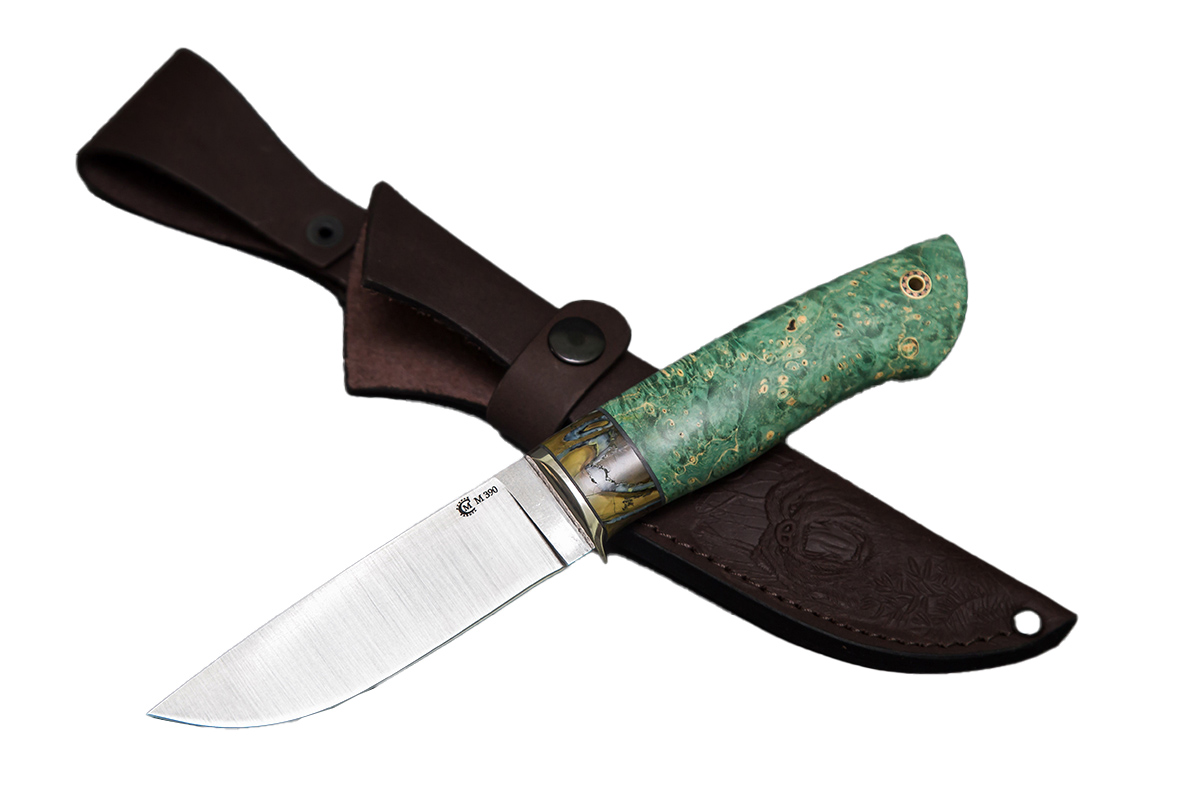 Нож ИП СЕМИНА Егерь сталь М390 мельхиор зуб мамонта стаб.кап.клена ножны - фото 1