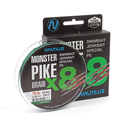 Шнур Nautilus Monster Pike Braid X8 Dark Green d-0.38 34.3кг 76lb 150м - фото 1