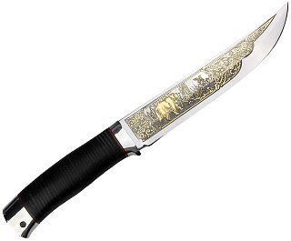 Нож Росоружие Атаман  95х18 кожа алюминий позолота гравировка