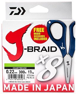 Шнур Daiwa J-Braid X8E-W/SC 0,22мм 300м chartreuse + ножницы - фото 1