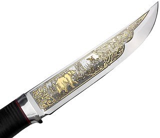 Нож Росоружие Атаман  95х18 кожа алюминий позолота гравировка - фото 2