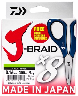Шнур Daiwa J-Braid X8E-W/SC 0,16мм 300м chartreuse + ножницы - фото 1