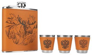 Подарочный набор Сима Ленд Записки охотника Лось фляжка+3 стопки в коже - фото 3