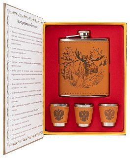 Подарочный набор Сима Ленд Записки охотника Лось фляжка+3 стопки в коже - фото 2