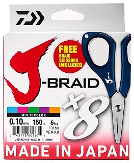 Шнур Daiwa J-Braid X8E-W/SC 0,10мм 150м multicolor + ножницы - фото 1