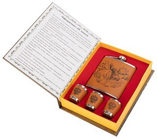 Подарочный набор Сима Ленд Записки охотника Лось фляжка+3 стопки в коже - фото 1